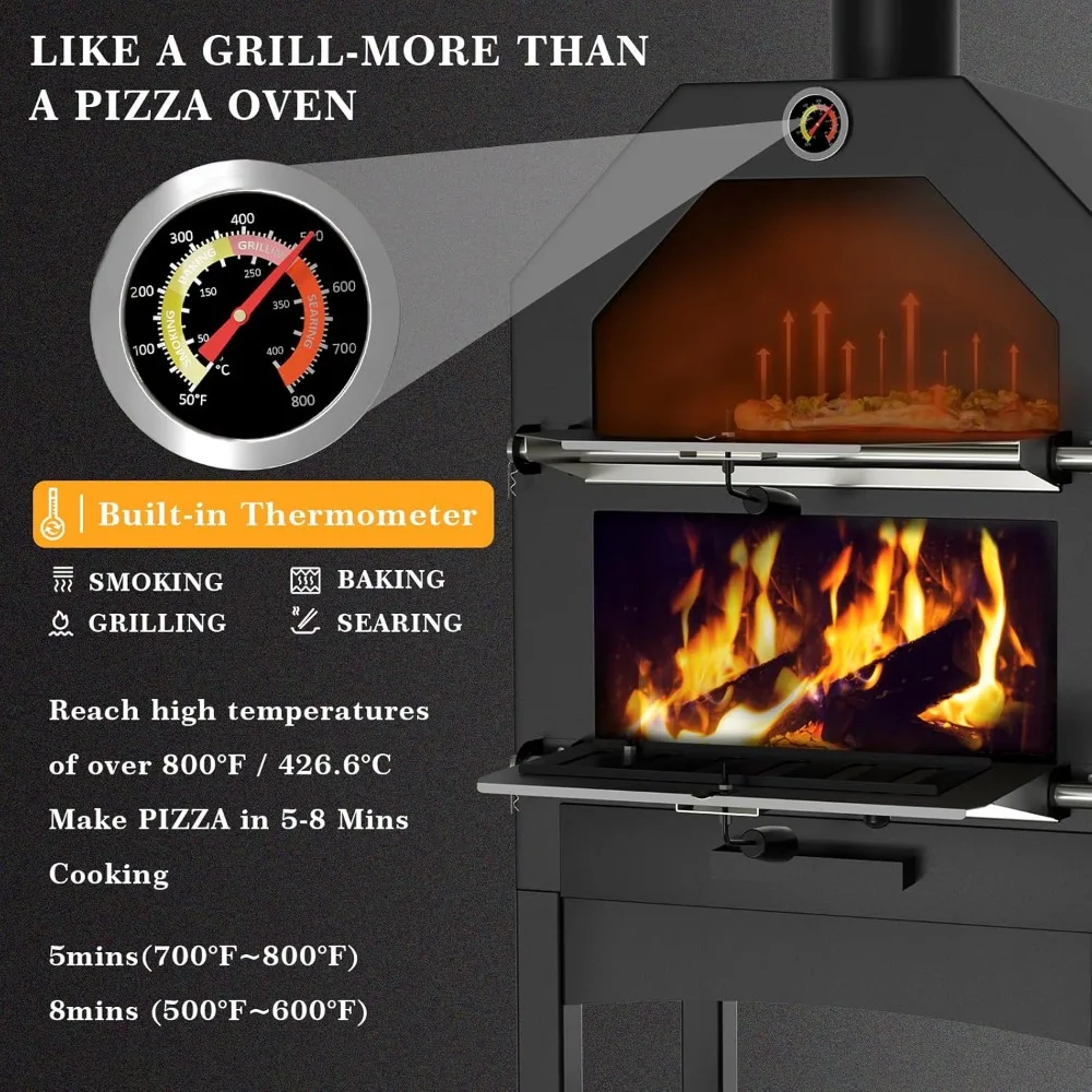 UDPATIO Outdoor Pizza Oven Wood Fired, Wood Pizza Ovens for Outside with Waterproof Cover, Pizza Stone, Peel, 2 Layer Steel