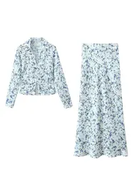 TRAF-Chemise Courte à Simple Boutonnage et Plis pour Femme, Costume 2 Pièces, Revers Serré, Streetwear Basique Sauvage, Jupe Féminine, Mode Printemps 2024