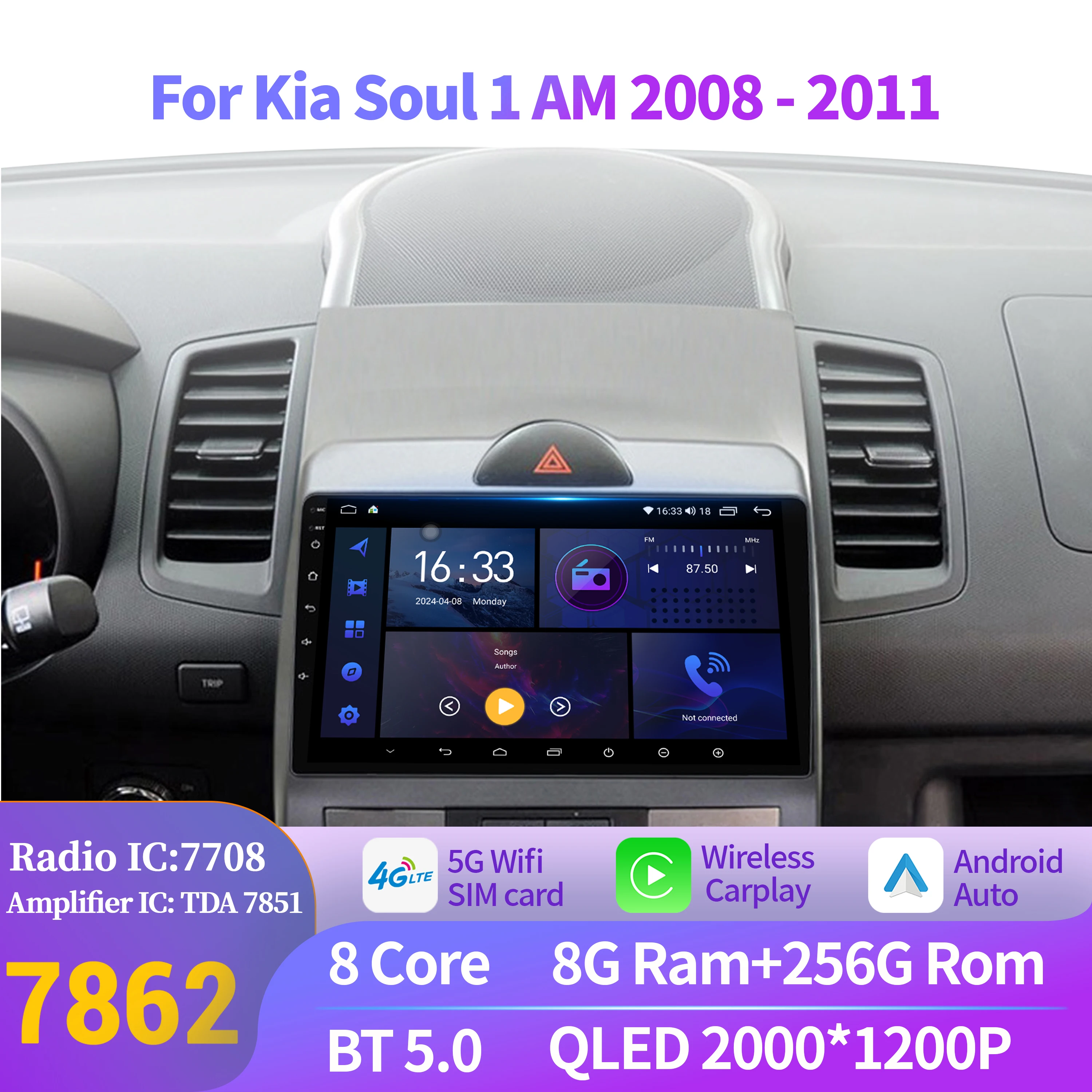 

For Kia Soul 1 AM 2008-2011 Wireless BT CarPlay Android 14 Radio Car Multimedia Player 7862 8+256 radio Touch 2K QLED Screen