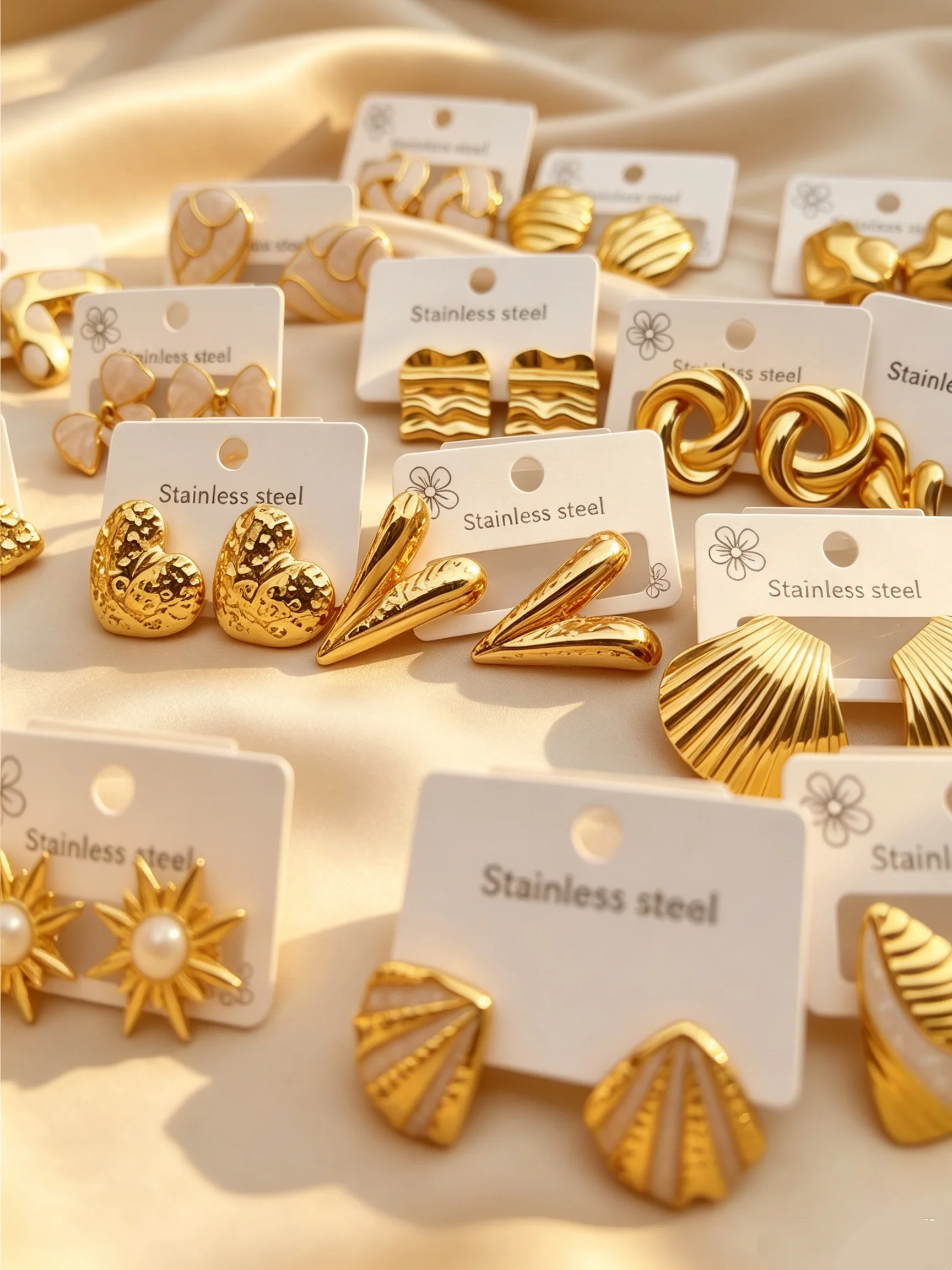 Gold Plated Stainless Steel Earrings Set for Women - Hypoallergenic Chunky Shell Heart Butterfly Studs Trendy Jewelry Gift for H