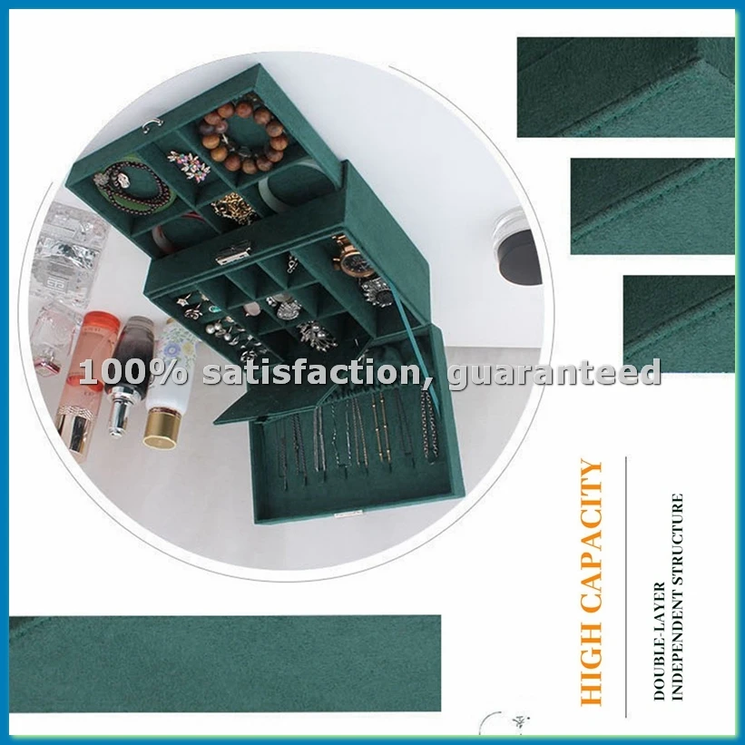 

Three Layer New Vintage Flannel Jewelry Box Earrings Earrings Rings Necklace Jewelry Storage Box Dark Green-AT48