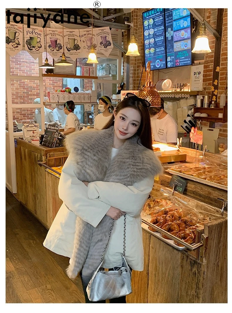 TAJIYANE White Goose Down Coats Women Luxury Real Fox Fur Collar Parka Coat Stylish Winter Outerwears 2025 Woman Clothes 경량패딩
