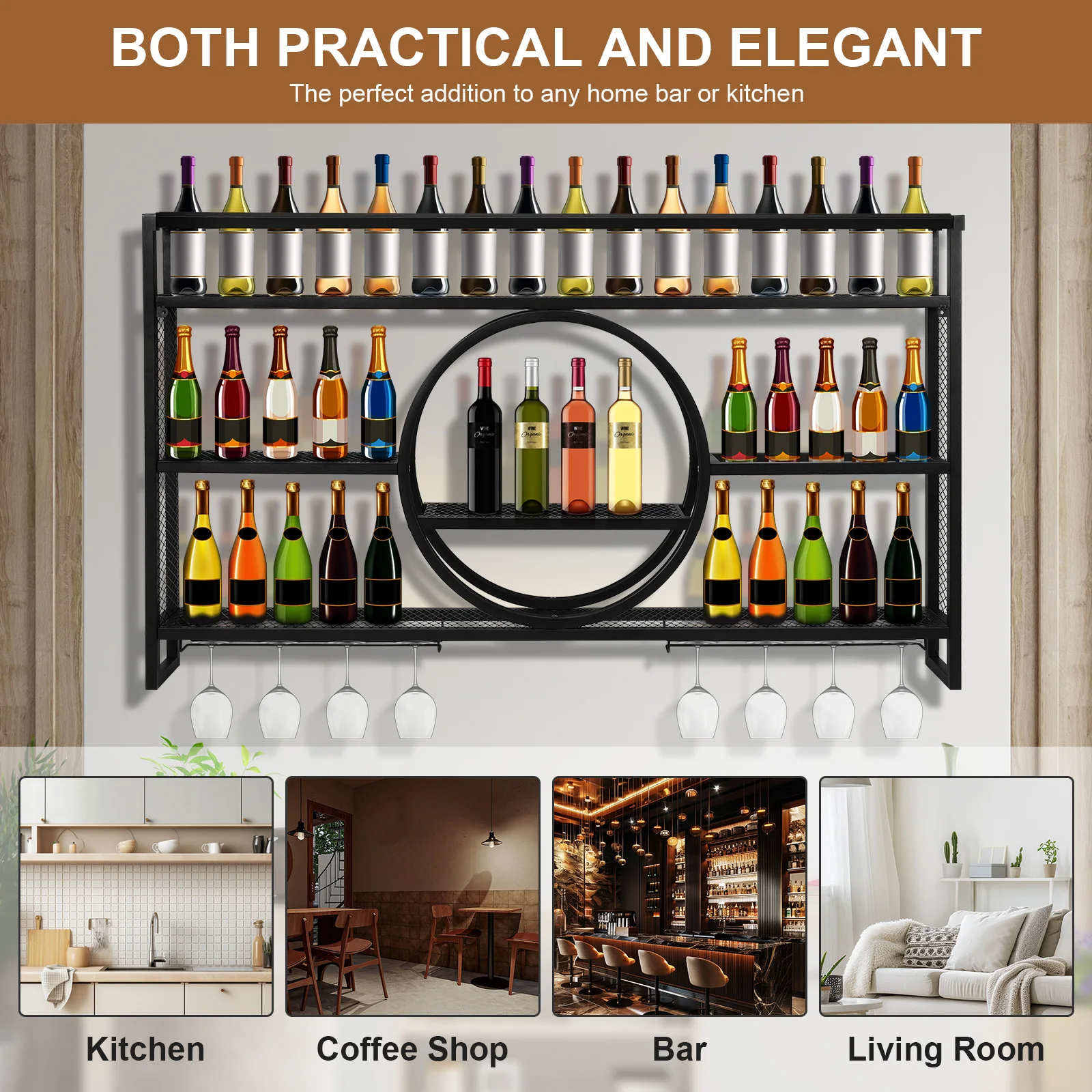 

Bar Liquor Bottle Display Shelf Wall-Mounted Floating Wall Wine Bracket Large Capacity For Home Kitchen