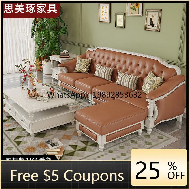 

LYY White Solid Wood Genuine Leather Sofa Top Cowhide 123 Combination Simple and Living Room Villa Furniture Four-Seater