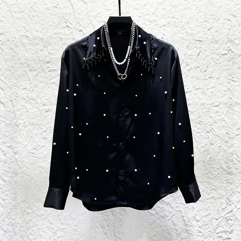 Heavy Industry Nail Bead Design Long Sleeve Casual Shirt for Men Fashion Tassel Banquet Party Shirts Stage Performance Costumes
