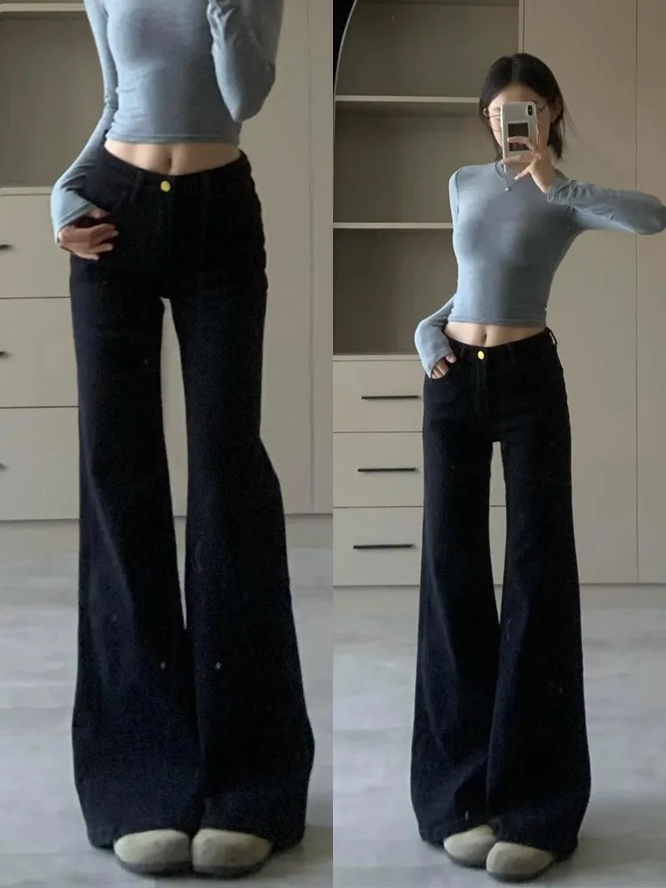 

Spring New Black Wide Leg Flared Jeans for Women Low Rise Loose Fit Slimming and Tall Look Draped Floor Length Bell Bottom Pants