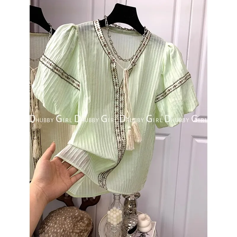 Summer Women's Shirt Blouse Lace Up Short Sleeve Casual Basic V-Neck Shirts Loose Top