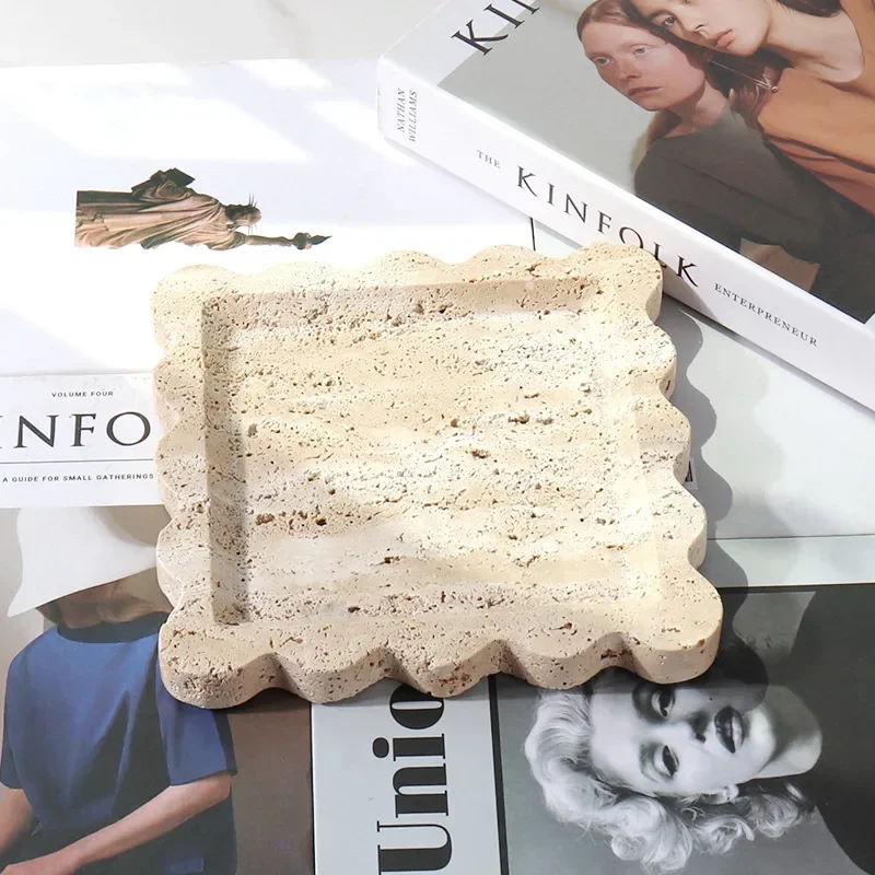 Square Scallop Tray Travertine Beige Yellow Purple VOLAKAS Jazz White Marble Stone jewelry Trinkets Catchall Dish