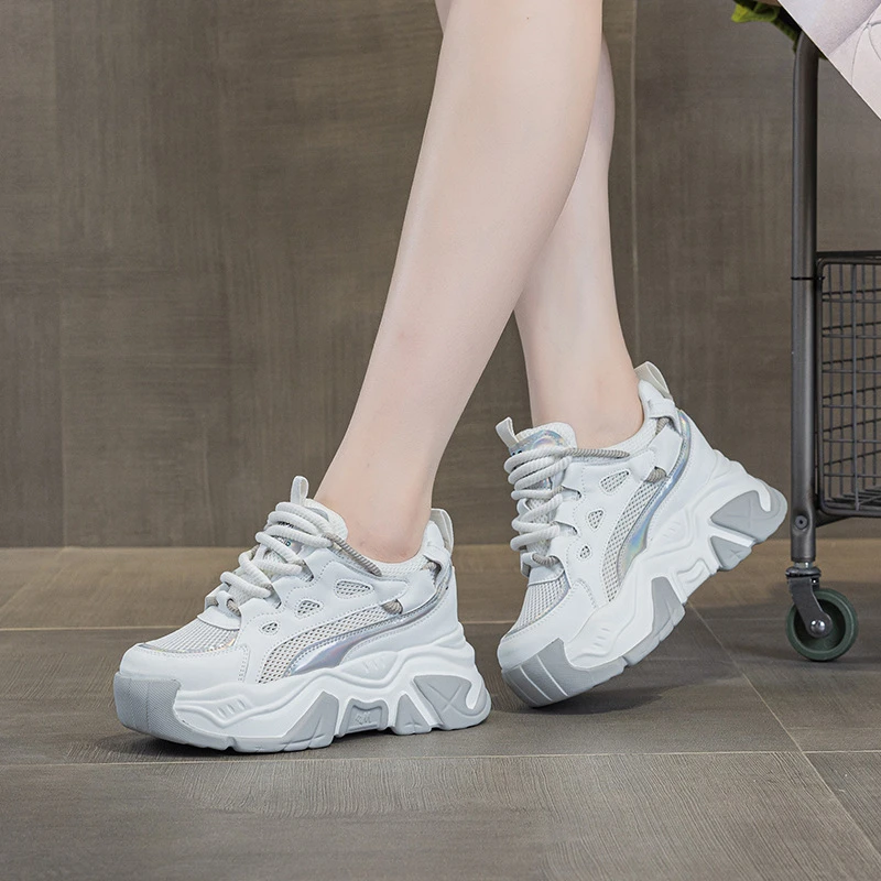 

White Pink Mesh Platform Chunky Sneakers With Holographic Accent Hidden Heel Lift Casual Dad Shoes For Summer Street Style