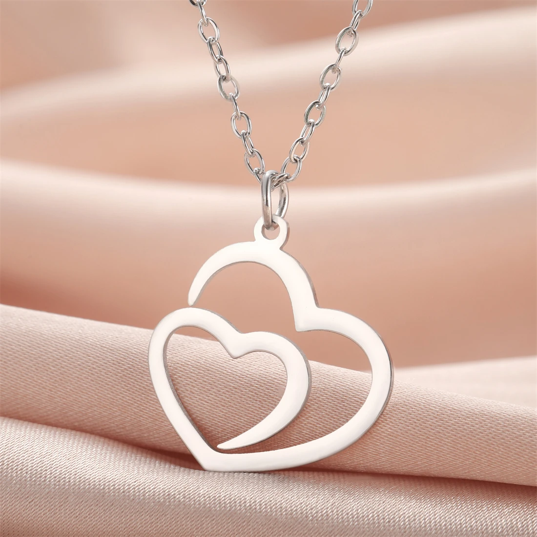 Eueavan Hohl Doppel Herz Halskette Für Frauen Edelstahl Romantische Liebe Symbol Anhänger Kette Engagement Schmuck Geschenk – Detail 9