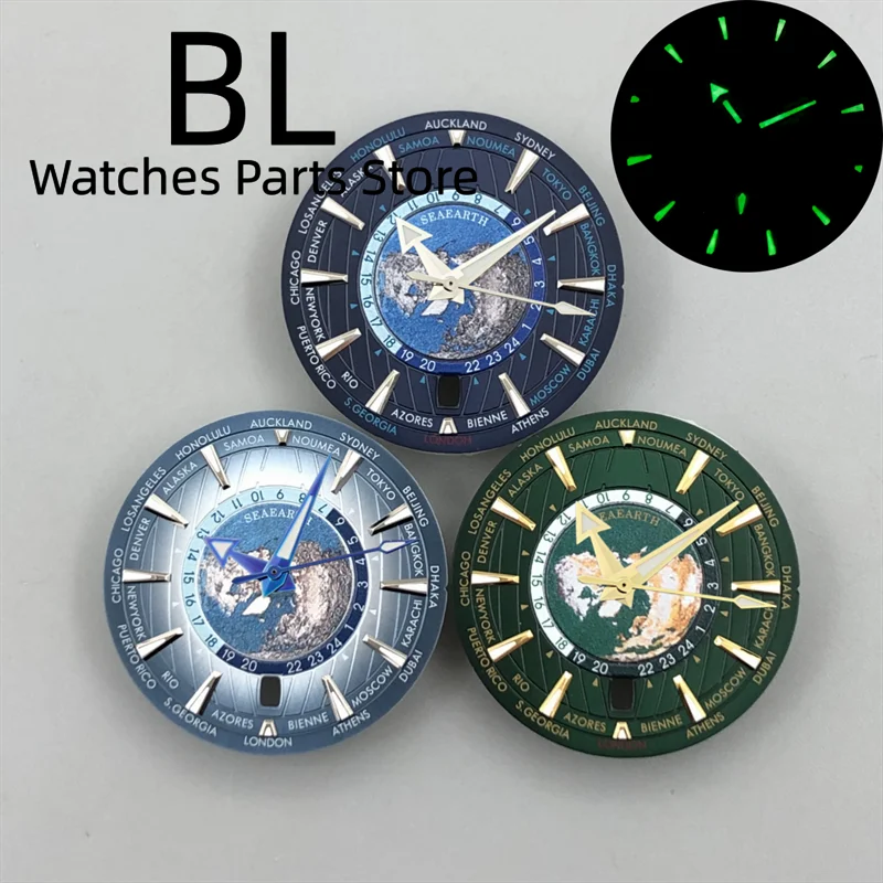 BLIGER Watch Parts 33.5mm Map Men's Watches Dial With Hand Sets Blue Green Dial 6 o'clock Date Green Luminous Fit NH35 Movements