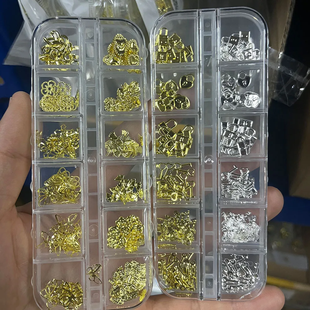 12 Grids Gold Silver Ocean Starfish Conch Metal Rivet Nail Charms 3D Alloy Bow/Key/Butterfly/Heart Design Manicure Rhinestones