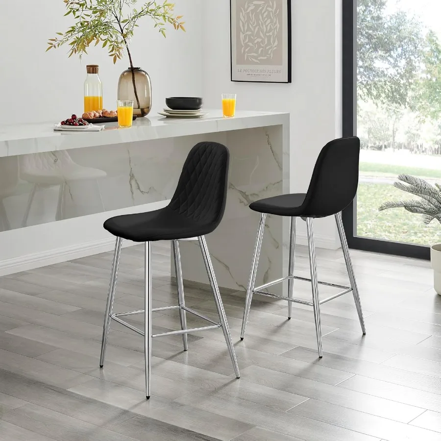 

Furniturebox UK Bar Stool Chairs - Corona Black Faux Leather Dining Chair Silver Metal Legs - Minimalist Industrial Scandi Styl