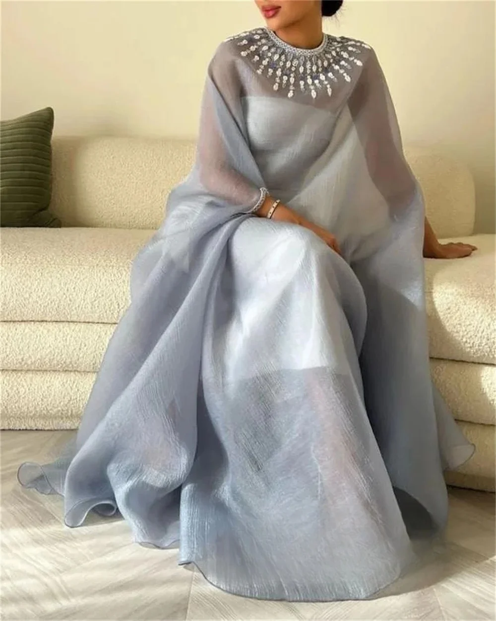 

Silver Beaded Long Bespoke Occasion Gown Evening Dresses Prom Pastrol Unisex Jersey Retro Dubai Saudi Arabic Customized