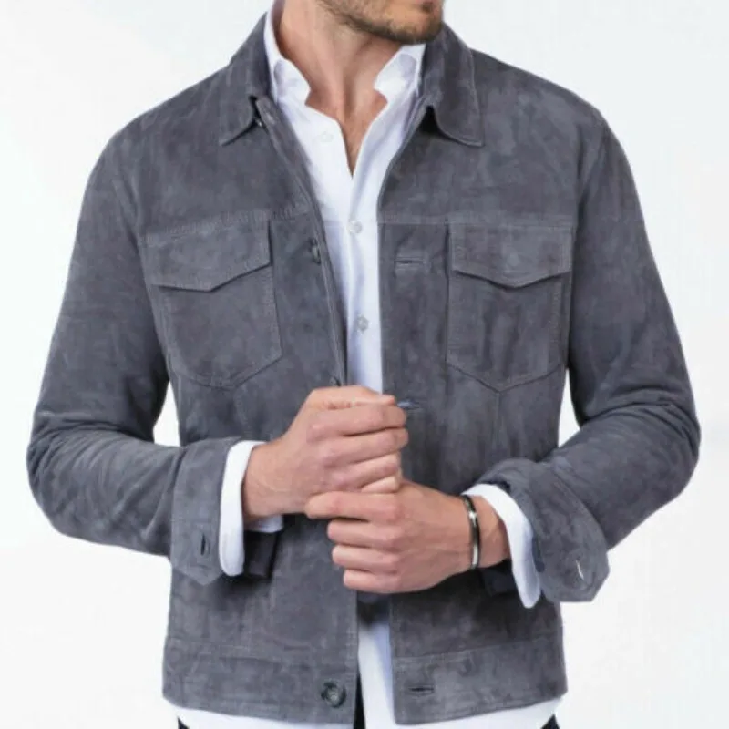 Men's Gray Suede Leather Shirt Jacket Soft Leather Denim Style Vintage Jacket