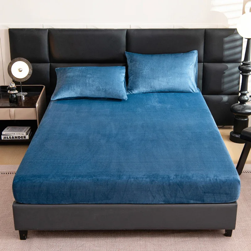 Flannel Fleece Fitted Bed Sheet Winter Warm Bed Cover Solid Color Single/Queen/King Size Drap Housse 160x200 Thick Bed Sheets