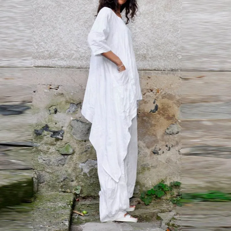 

Весенне-осенний женский модный комплект из двух предметов, свободный топ с круглым вырезом и нерегулярным подолом, широкие брюки, однотонный костюм, женский повседневный наряд