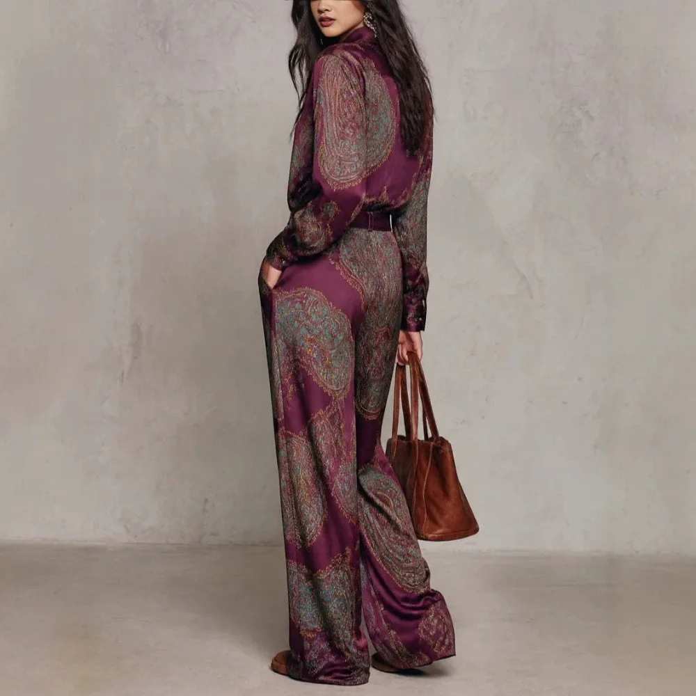 New Women's 2-piece Retro Paisley Print Lapel Long Sleeved Shirt, High Waist Wide Leg Pants, Casual Vacation Pocket Without Belt view 2