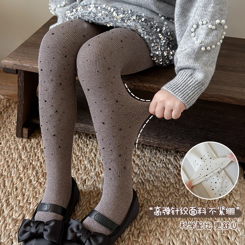 Cute Girls High Stretch Skinny Pantyhose Shiny Black Rhinestone All‑Over Star Decoration Comfort Elastic Close‑Fitting Leggings