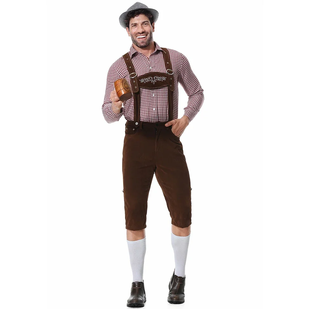 Herren Bayerisches Oktoberfest Lederhosen Kostüm Deutsches Bierfest Hosenträger Strampler Hemd Hut Set Halloween Cosplay Kostüme – Detail 8
