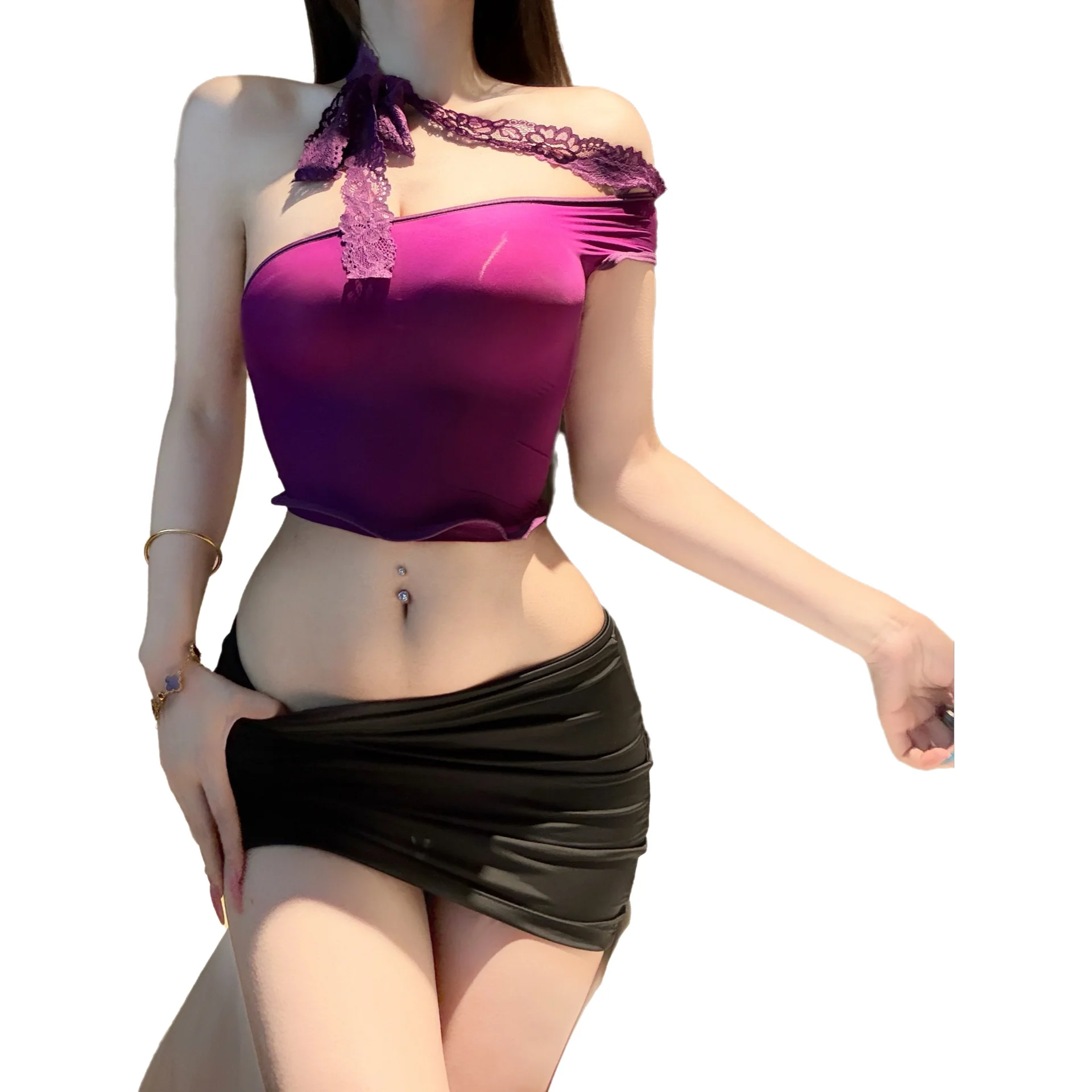 

Sexy Horse Oil Stockings Sexy Lace Off-shoulder Glossy Seductive Secretary Outfit For Woman Charming Nightclub Sexy Set Q02D
