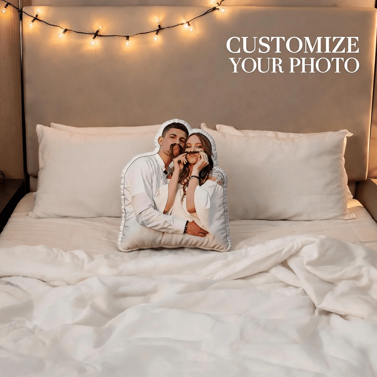 Custom Couple Photo Shaped Pillow, Funny Mustache Props Personalized Decorative Cushion, Romantic Wedding Look Home Decor for So