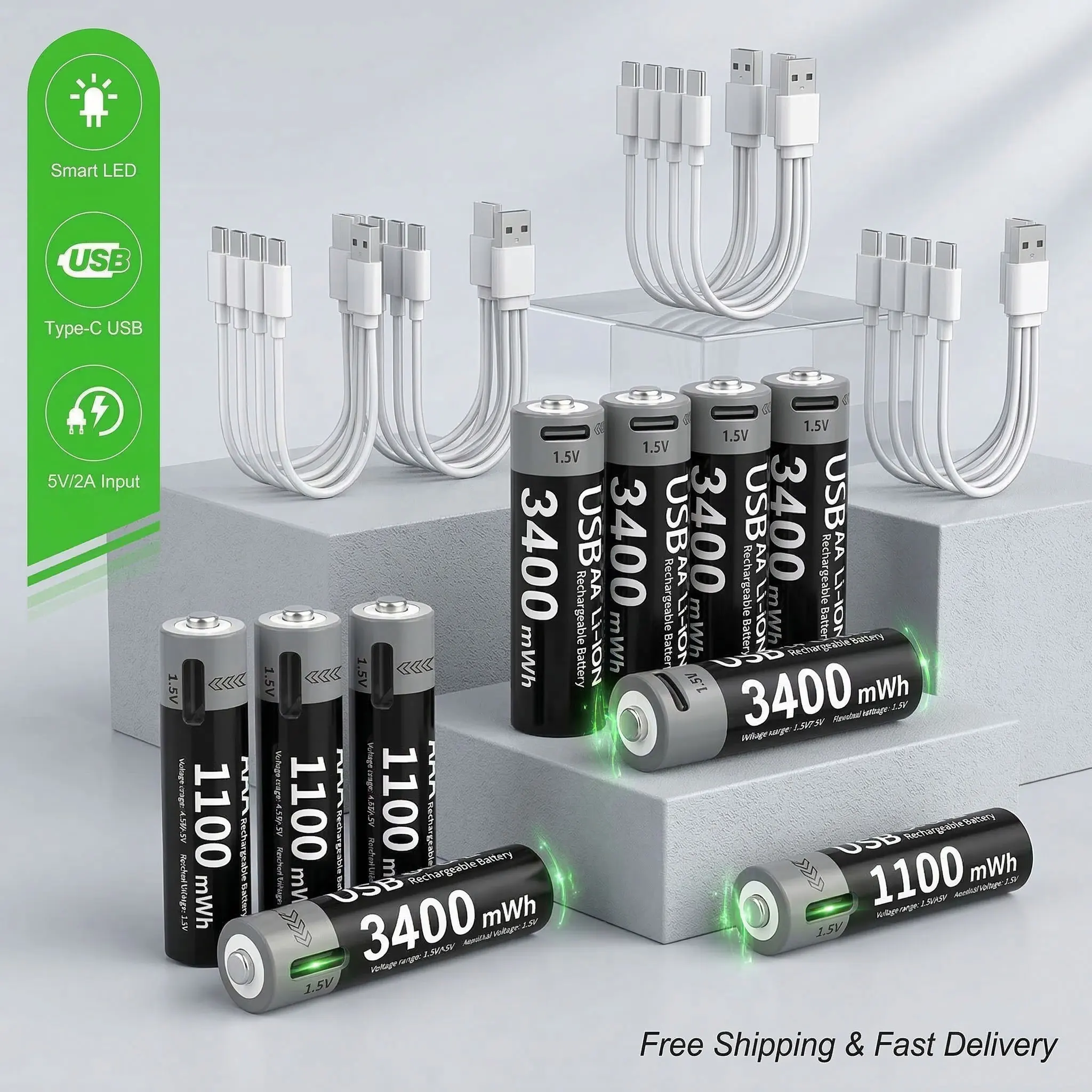 

AA AAA USB Li-ion Rechargeable Batteries 1.5V 3400mWh AA 1100mWh AAA Lithium Battery