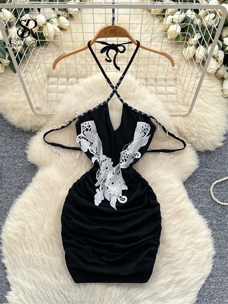

SINGREINY Sexy Halter Bodycon Short Dress Beadings Lace Splice Backless Sundress Women Fashion Ruched Sheath Mini Clubwear Dress