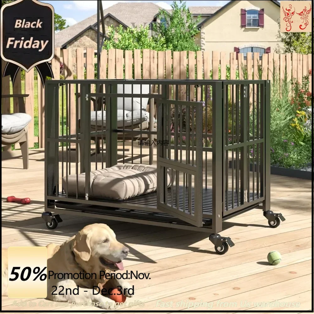 Heavy duty dog cage, folding kennel unassembled, anti-escape large dog cage with lockable wheels, high anxiety pet enclosure