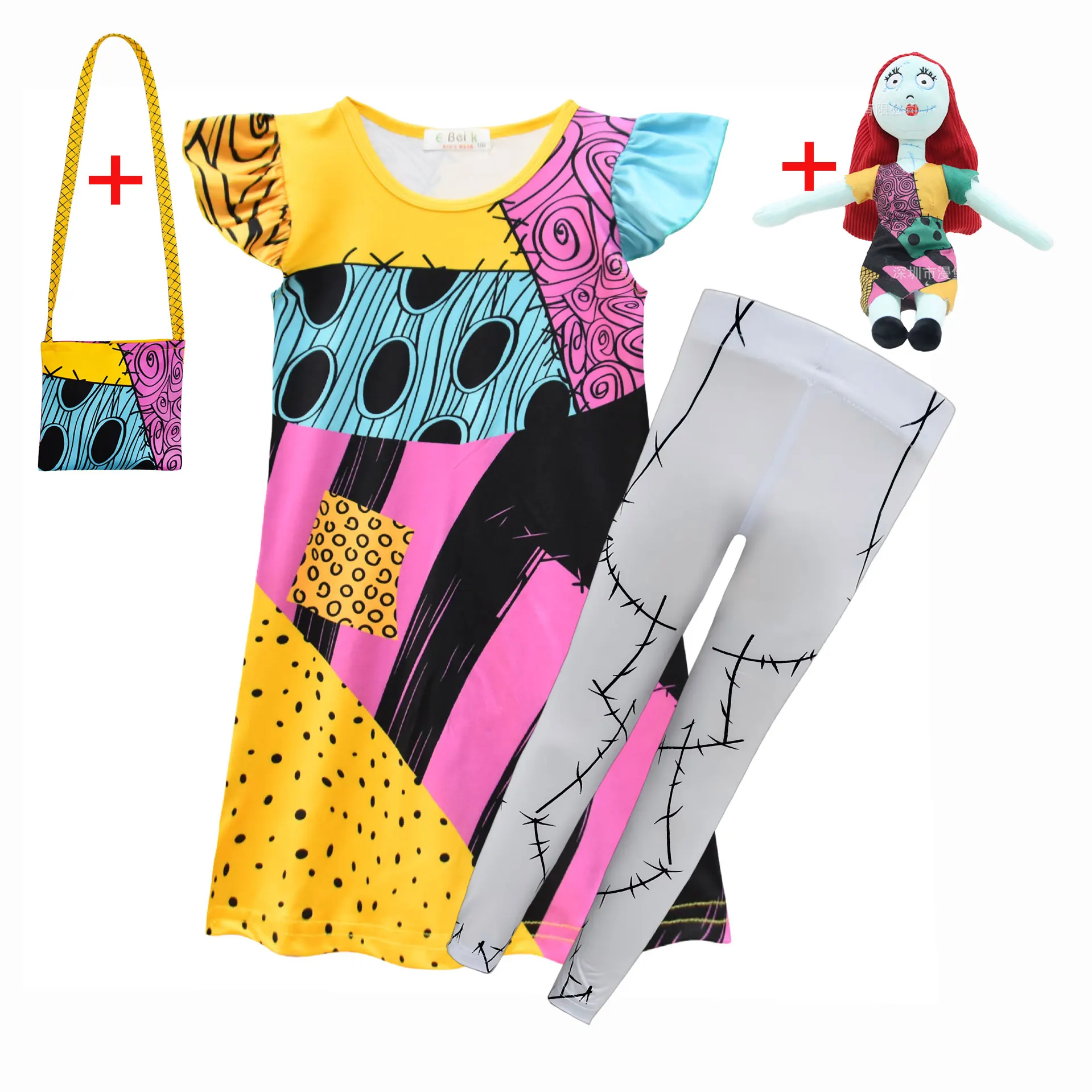 Klassisches Halloween-Kostüm für Mädchen Sally Dress up The Nightmare Before Christmas Filmbekleidung Mädchen Jack&Sally Cosplay-Kleidung