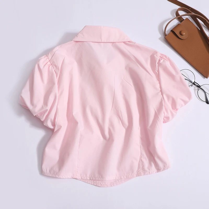 Crop Tops Summer Blouse Women Ruffles Puff Sleeve Tunic Fashion Shirts Chic Diamond Korean Vintage Blusas De Mujer