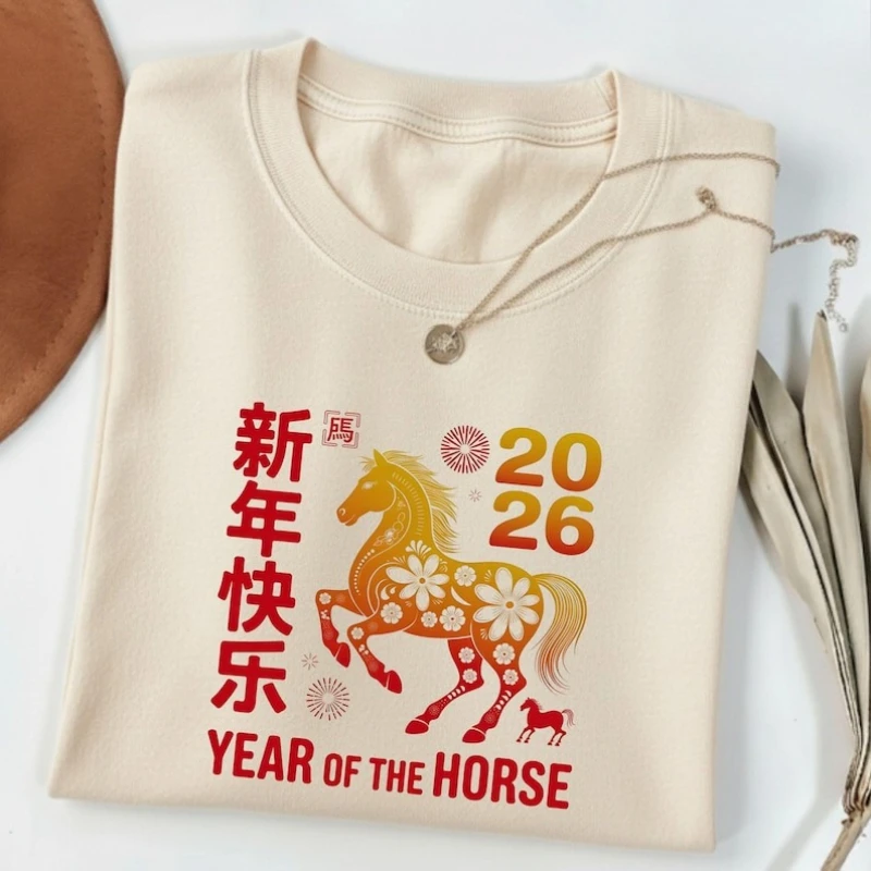 2026 Year of The Horse Shirt, Chinese Lunar New Year 2026 Cotton T-Shirt, Horse Zodiac Sign Top, Black Lucky Horse Festival Tee