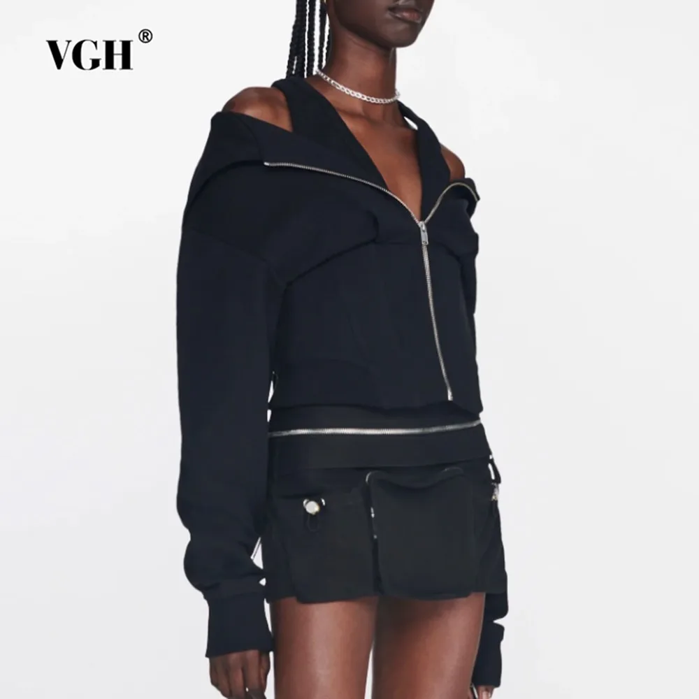 

VGH Minimalist Patchwork Zipper Casual Sweatshirt For Women Hooded Long Sleeve Tunic Slimming Sweatshirts Female Fashion Style