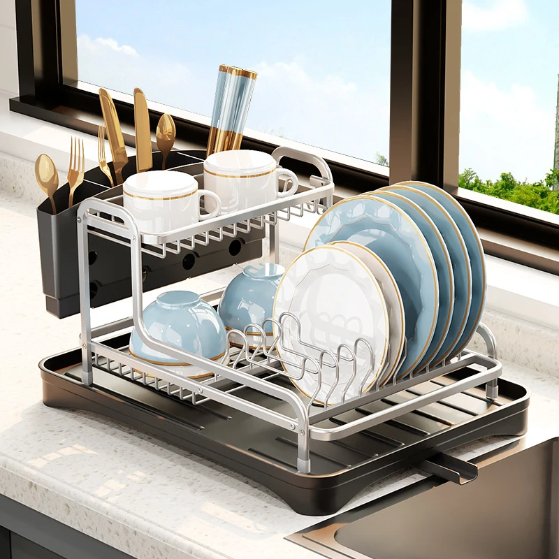 

Aluminum Kitchen Double-Layer Dishes And Chopsticks Storage Rack Table Top Ventilation And Breathable Draining Rack Storage
