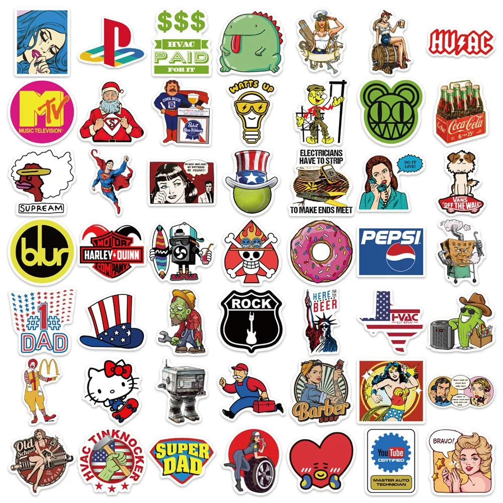 50Pcs Fashion Cool Brand Logo Stickers Aesthetic Motorcycle Phone Car Laptop Skateboard Sticker Decal Classic Kids Toys