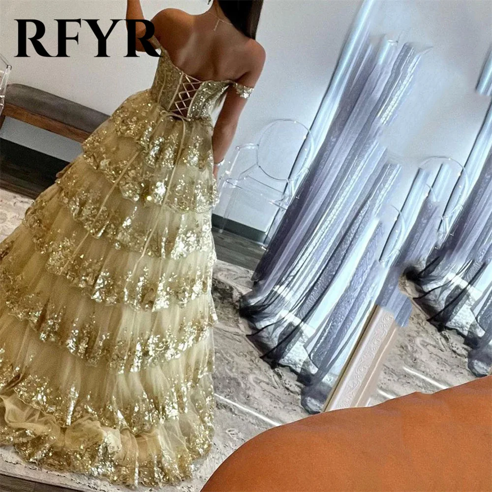 RFYR Puffy Gold Evening Dress Off  Shoulder Vestidos De Noche Sweetheart Layered Prom Dress Appliques Party Dress Customized