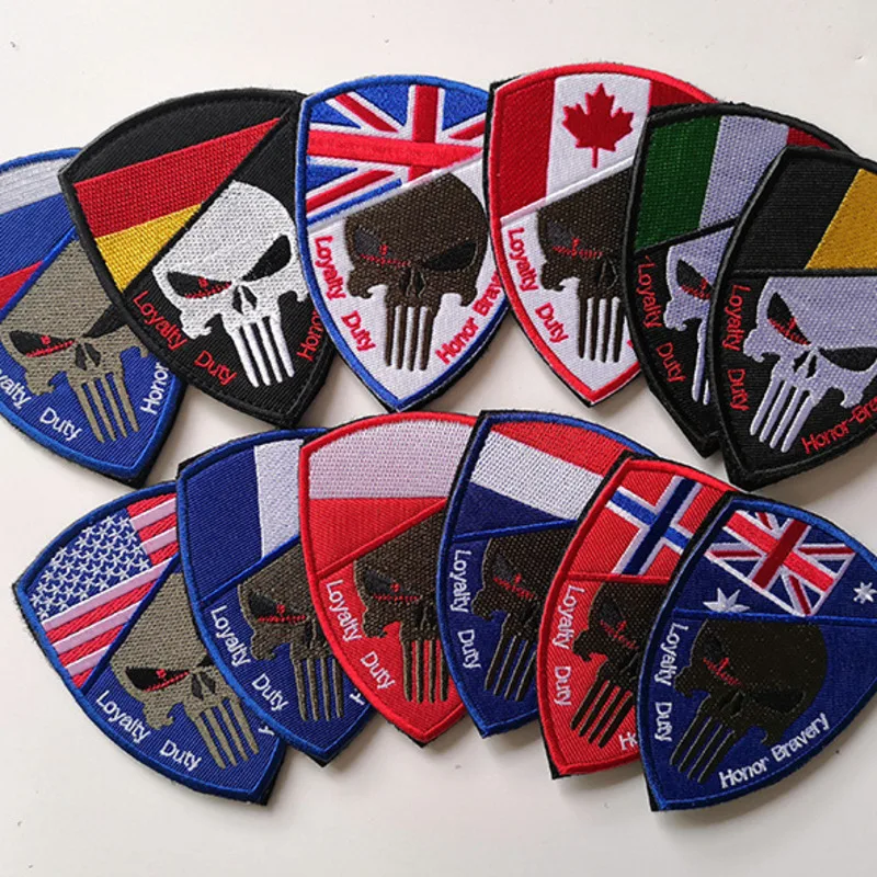 Country Flag Embroidered Hook Loop Patch  Punisher Skull Russia Spain Turkey Tactical Military Patches Army Backpack  Decoration