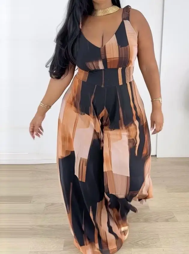 

Geometric Print Cold Shoulder Plus Size Sleeveless Spaghetti Strap Jumpsuit
