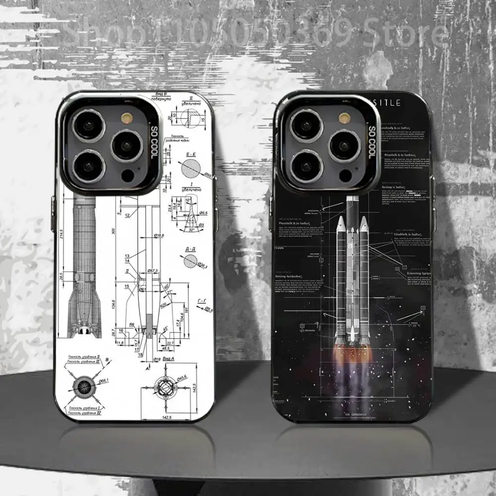

Space Rocket Launcher Blueprint Phone Case For iPhone 16,15,14,13,12,11,Pro,XS,Max,Plus,Mini,SE4,E Black Matte Shockproof Cover