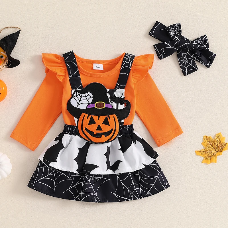 0-18M Baby Girl Halloween 3Pcs Clothes Set Ruffle Long Sleeve Romper Pumpkin Ghost Bat Print Overall Dress and Headband Outfit