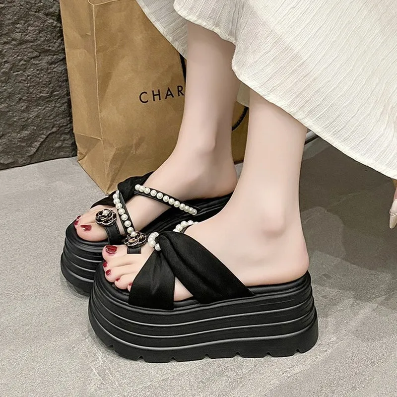 

Fashion Luxury Chunky Platform Sandals Women 2025 Summer 8CM Wedge High Heels Sandals Woman Thick Bottom Slides Beach Slippers