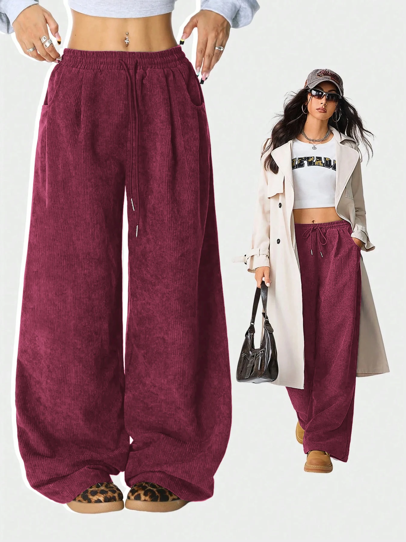 Damen Retro Cord Cargo-Hose Lässige Kordelzug Gerade Sporthose Fließende Alltags-Pendlerhose mit Weitem Bein – Detail 10