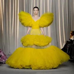 Bright Yellow Ruched Tulle Long Party Dresses Big Volume A-line Long See Thru Wedding Gowns Women Dress Robe To Photoshoot