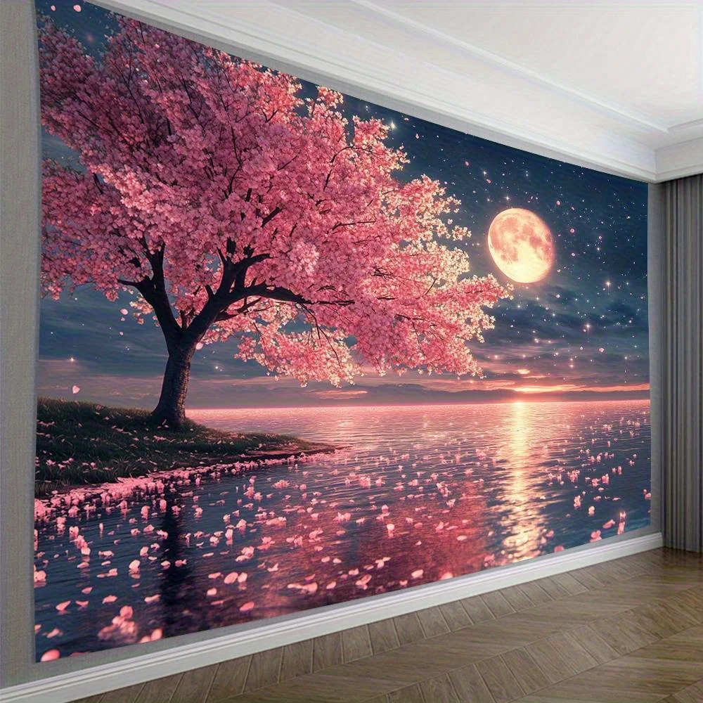 1pc Pink Cherry Blossom Tree Tapestry - Enchanting Night Sky & Moonlit Lake Scene, Polyester Wall Hanging for Living Room, Bedro