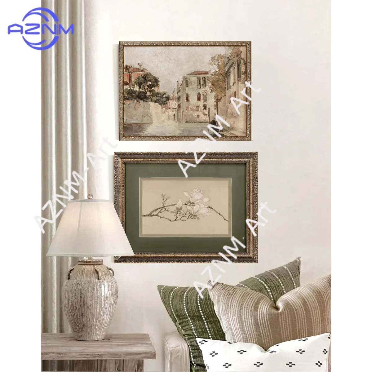 1/2Pcs Flower and Landscape Art Print Set: Green Beige Wall 