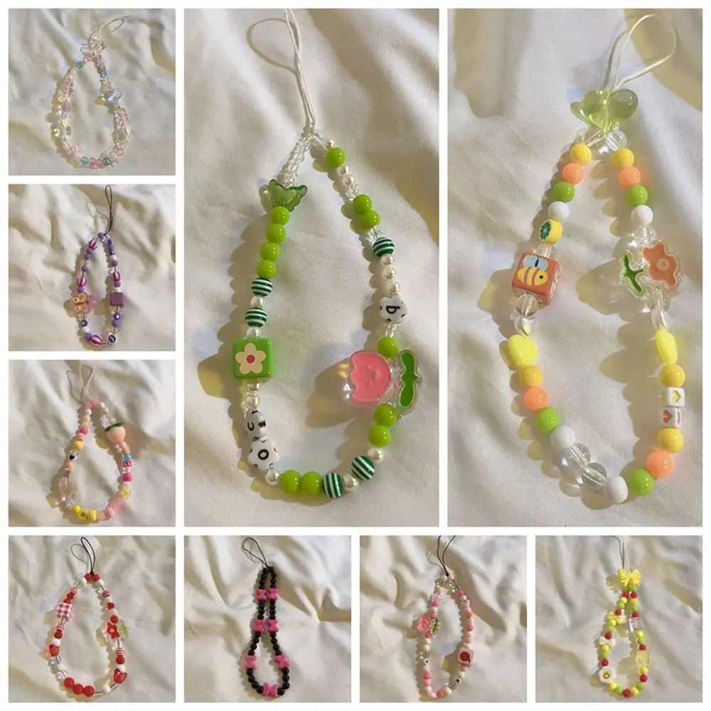 Cute Beaded Phone Strap Chain Colorful Crystal Bracelet Phone Strap for Mobile Phone Lanyard Kawaii Pendant Phone Accessories