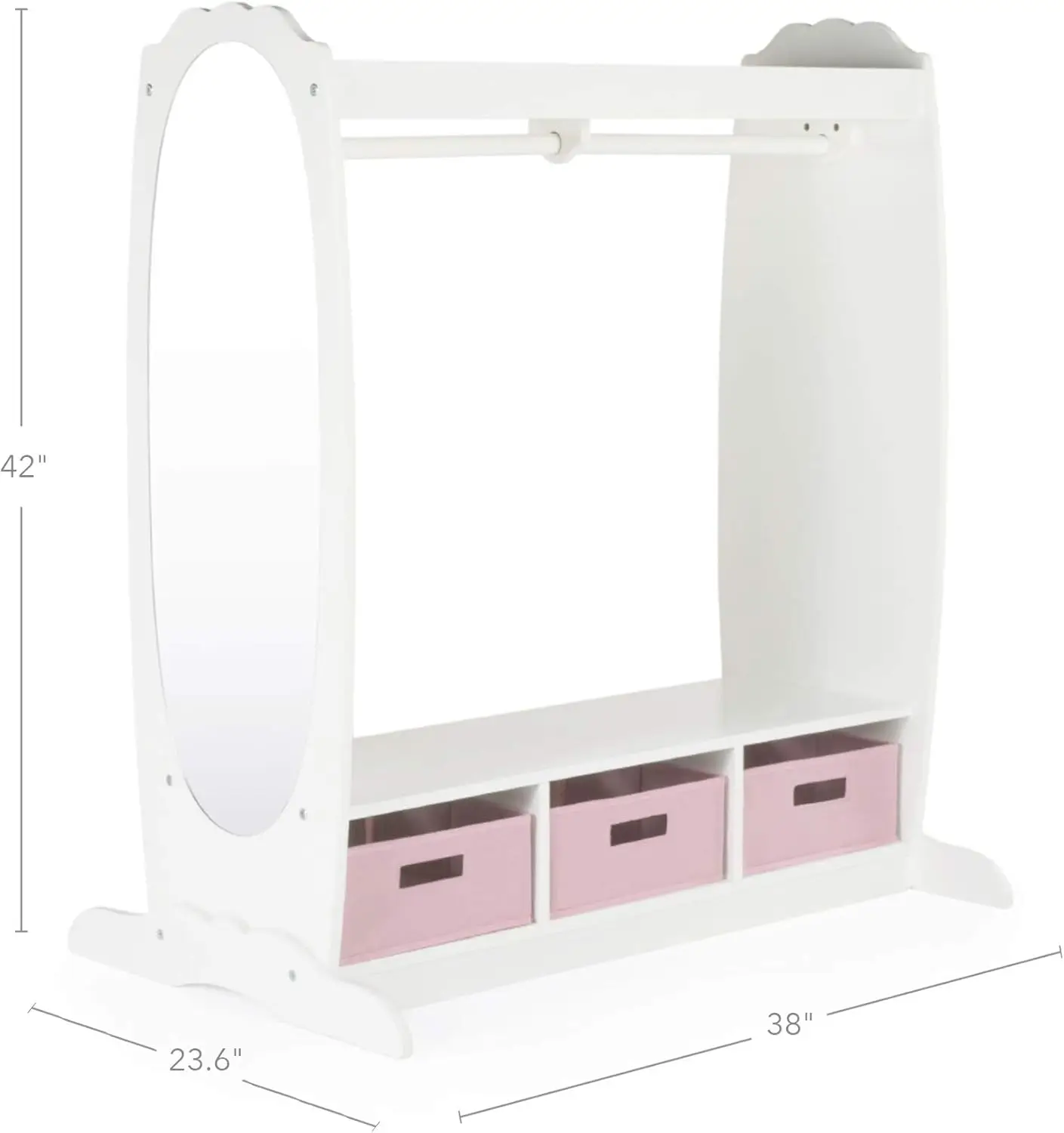 White: Dramatic Play Costume Rack with Mirror and Tray for Toddlers - Kids Armoire, Dresser with Fabric Storage Bins