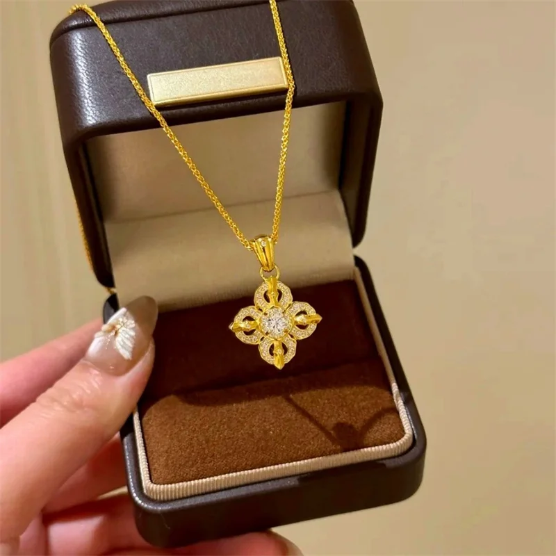

High Quality Vintage AU750 18K Gold Necklace, Cross Vajra Pendant with CZ, Unisex, Dainty, Luxury, Birthday Gift Jewelry