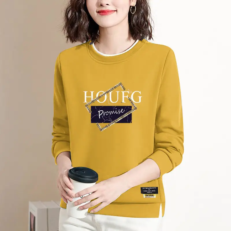 New Spring and Autumn Women\'s Solid Color O-Neck Long Sleeve Loose Letter Printed Pullovers Korean Fashion Comfortable Tops