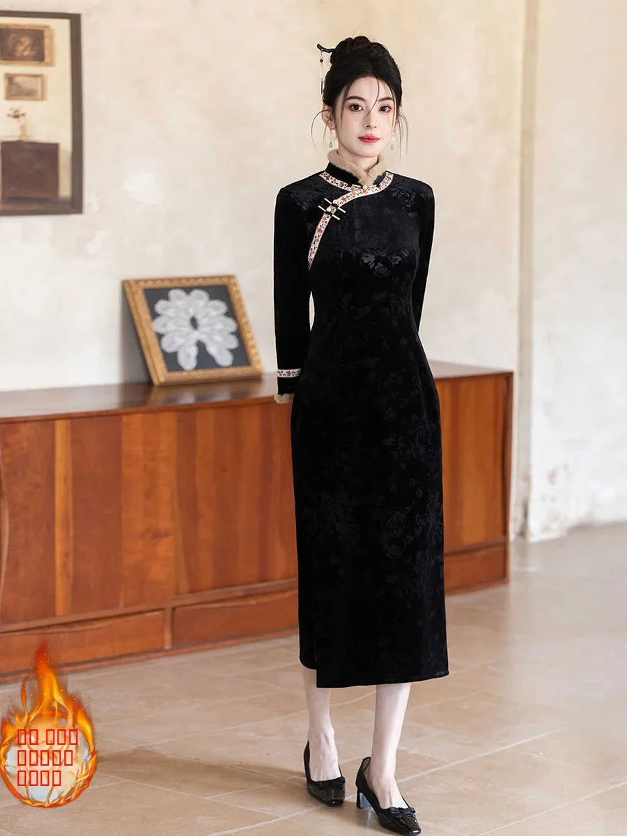 

Черное платье с флисовой подкладкой и длинными рукавами для женщин, подходит для офиса, новый китайский стиль, зимняя мода 2025